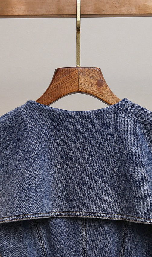 Havika Women's Embellished Sailor Collar Denim Mini Dress with Pleated Skirt