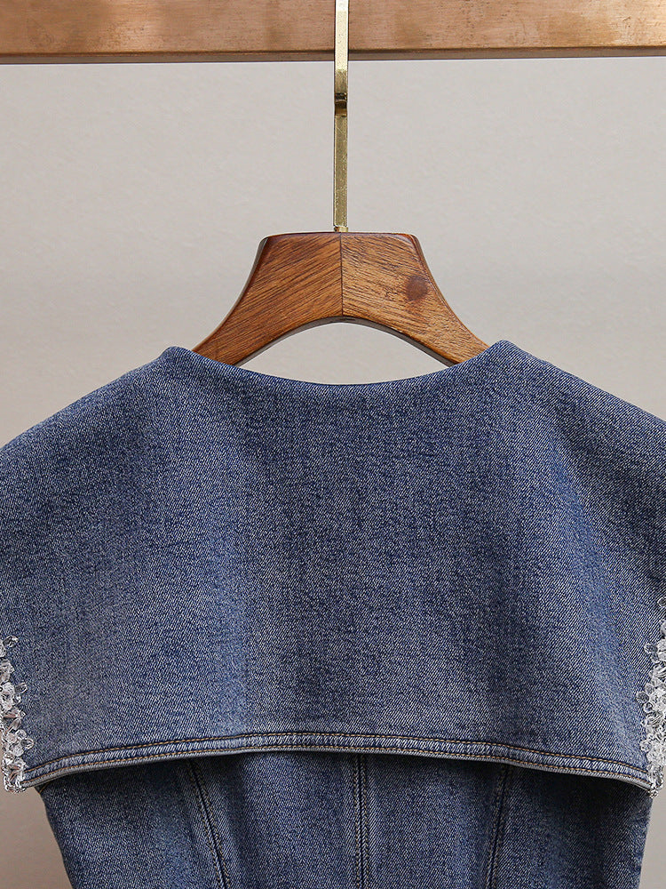 Havika Women's Embellished Sailor Collar Denim Mini Dress with Pleated Skirt