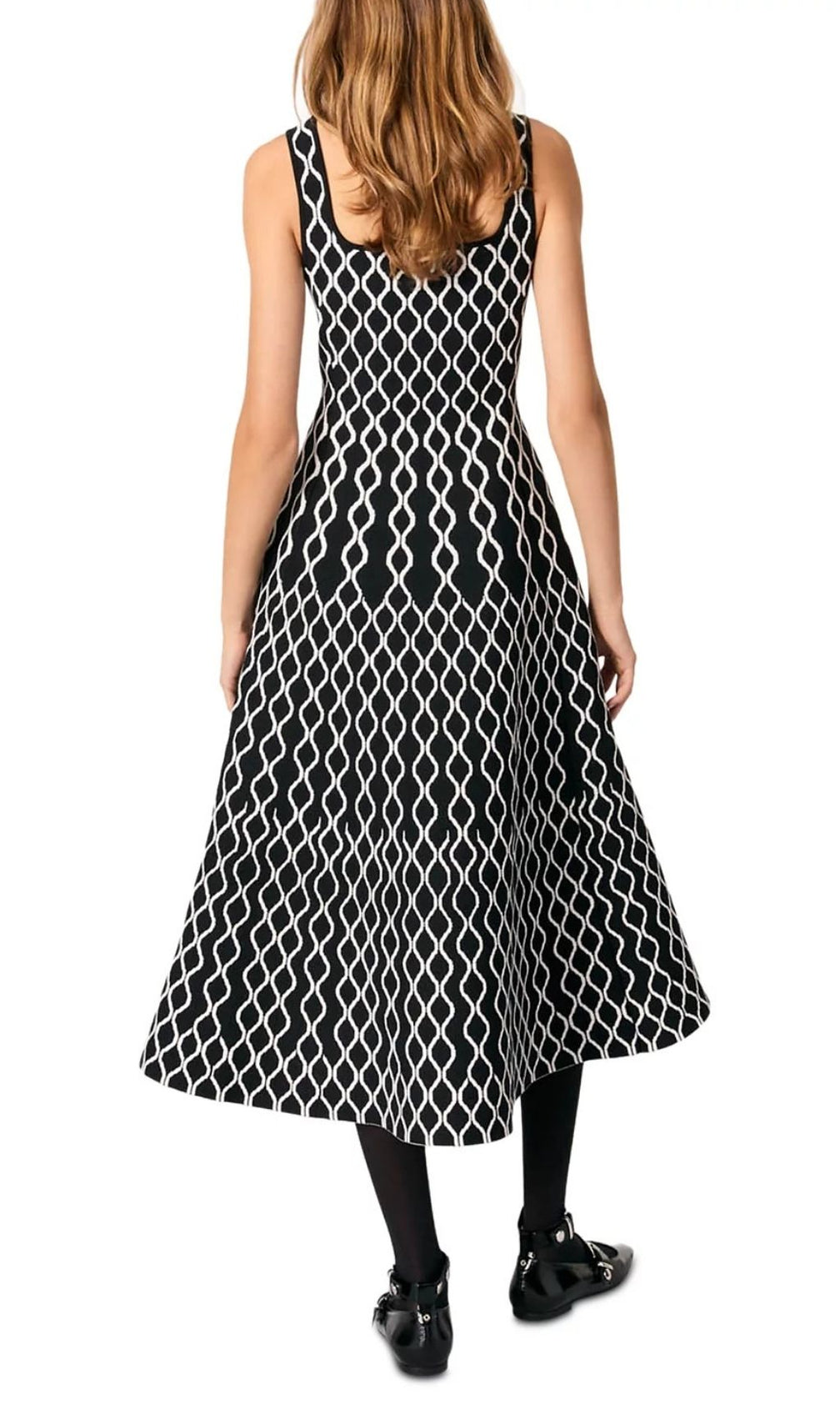 Chic Jacquard Knit Midi Dress | Black & White Square Neck Sleeveless A-Line