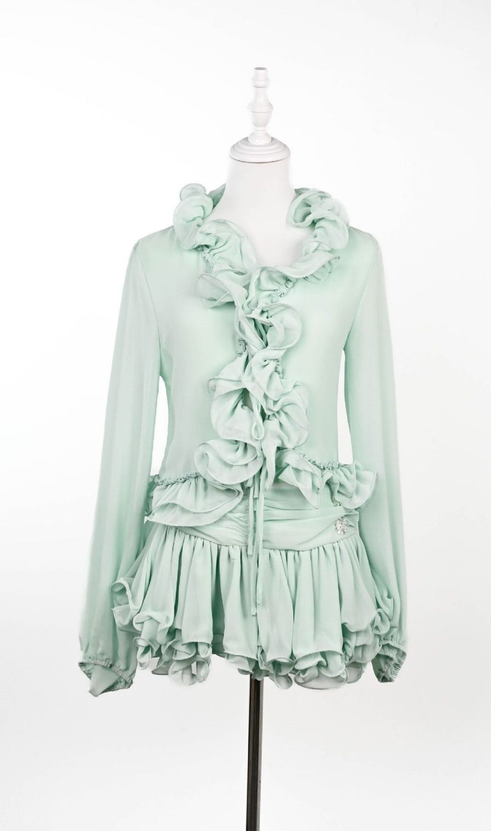 Evarn Sky Blue Ruffle Long Sleeve Mini Skirt Set - Effortless Chic