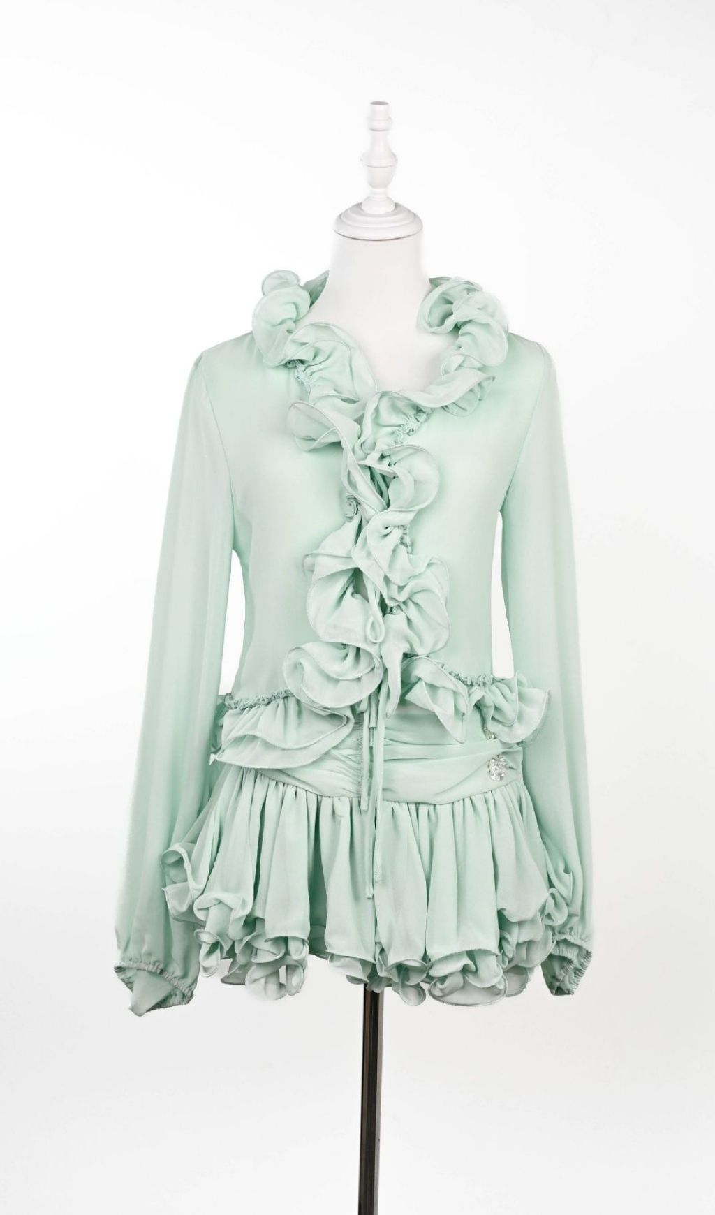 Evarn Sky Blue Ruffle Long Sleeve Mini Skirt Set - Effortless Chic