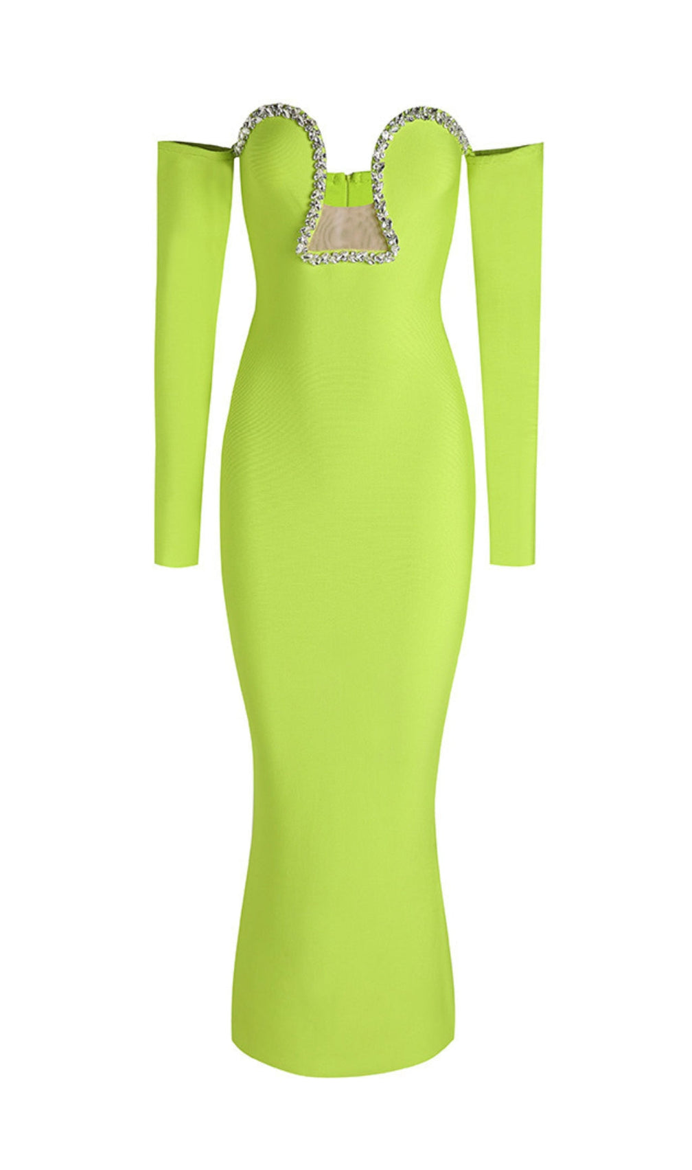 Green V-Neck Off-Shoulder Long-Sleeved Mesh Diamond Bandage Dress