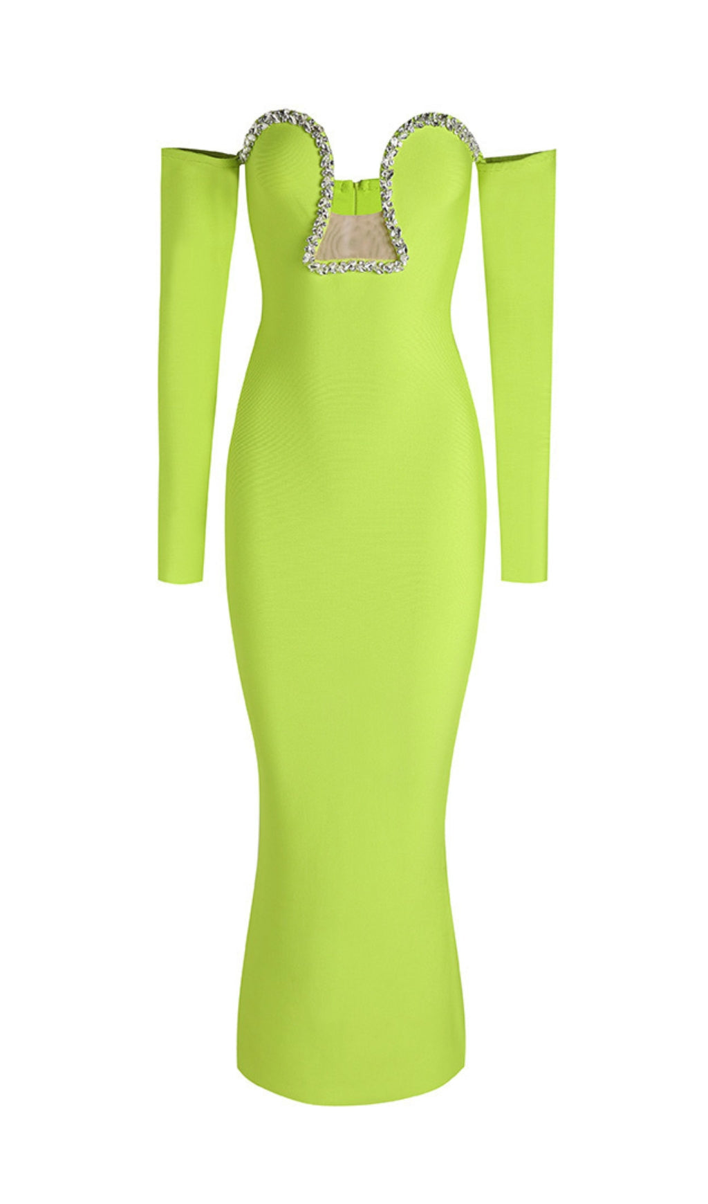 Green V-Neck Off-Shoulder Long-Sleeved Mesh Diamond Bandage Dress
