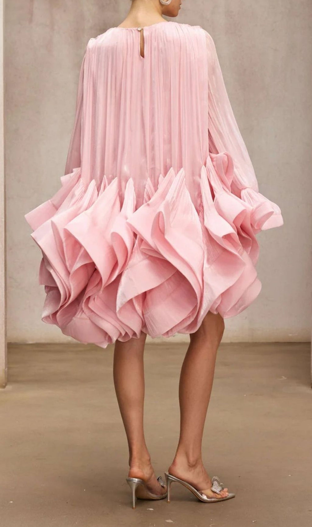 Pink Ruffled Tiered Mini Dress with Dramatic Flare Sleeves