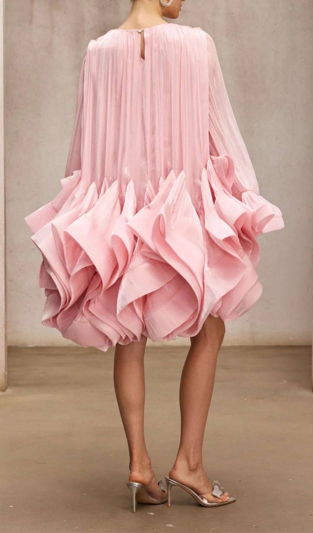 Pink Ruffled Tiered Mini Dress with Dramatic Flare Sleeves