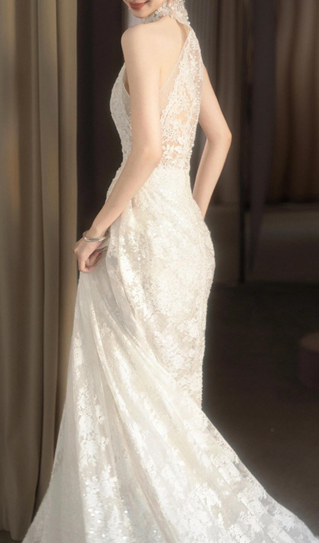 Dayanara White Halter Lace Wedding Dress