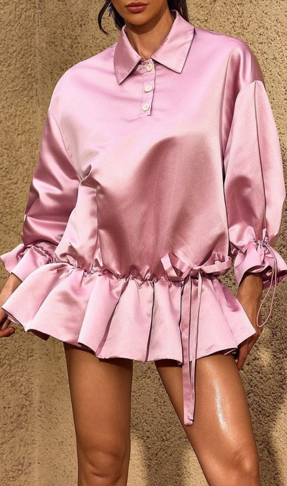 Chardon Luxe Satin Long Sleeve Mini Dress with Adjustable Ruffle Hem