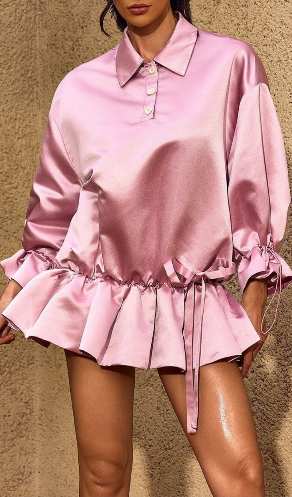 Chardon Luxe Satin Long Sleeve Mini Dress with Adjustable Ruffle Hem