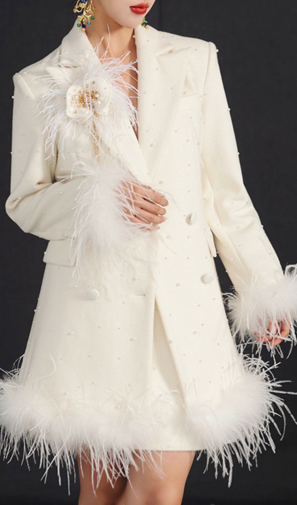 Hiba White Feather & Pearl Statement Blazer Dress