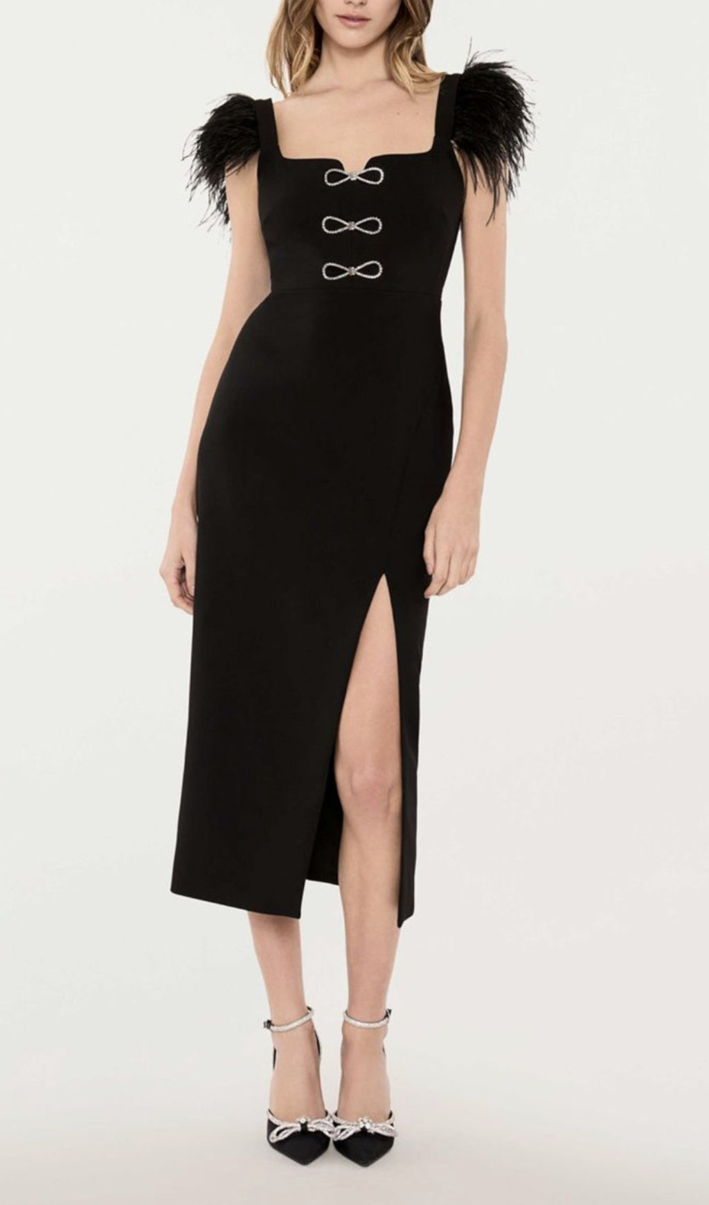 Cari Black Bow Feather Bandage Midi Dress