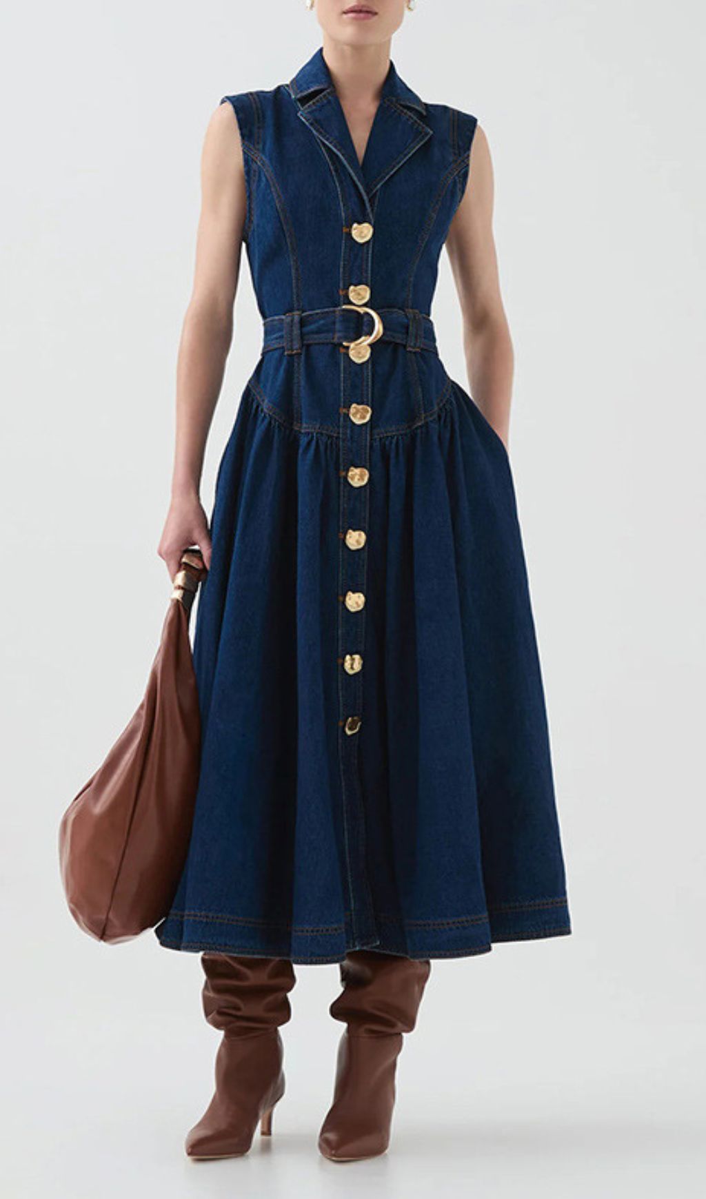 Ione Sleeveless Button-Front Denim Midi Dress | Chic & Belted Style