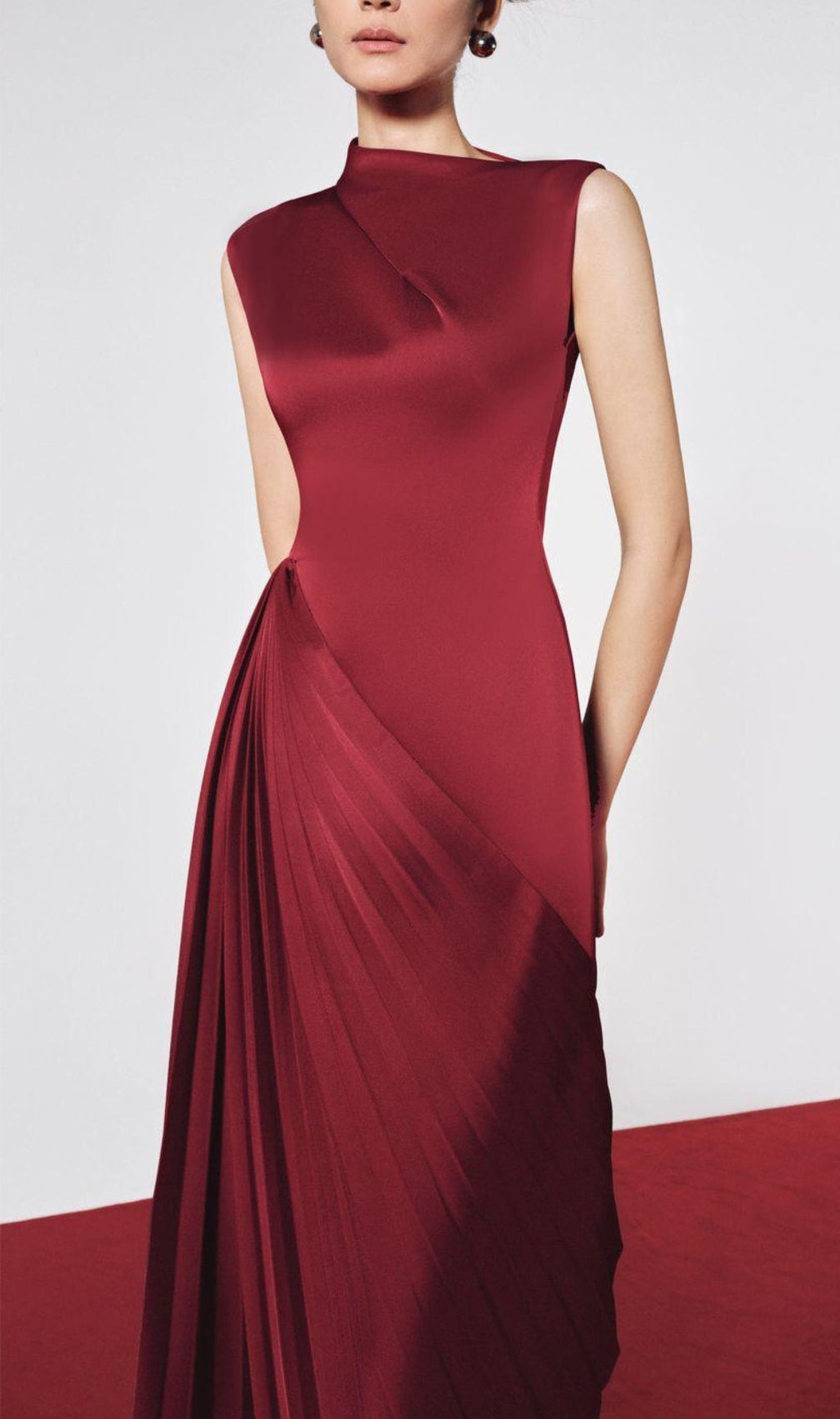 Red Diagonal Pleated Midi Dress