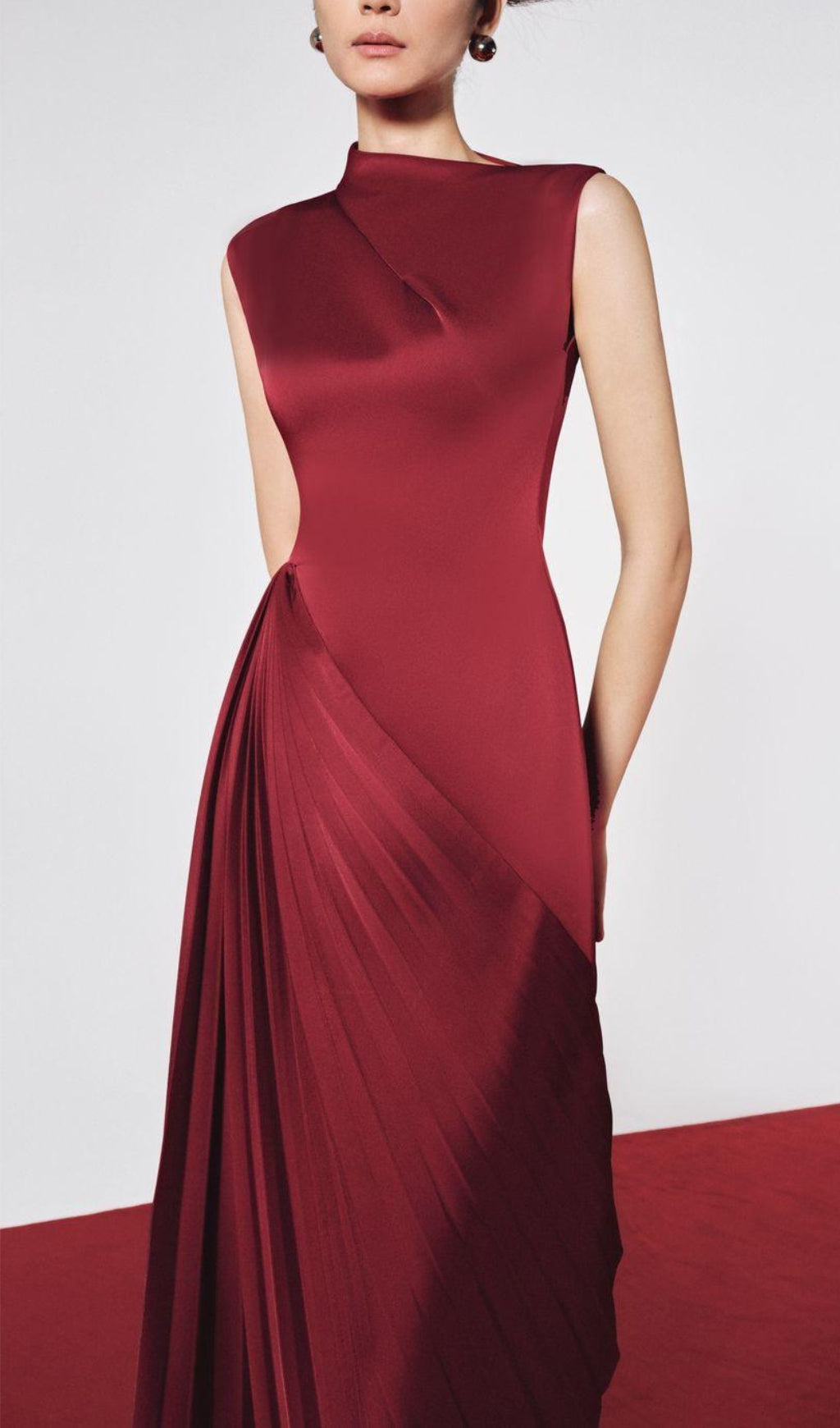 Red Diagonal Pleated Midi Dress