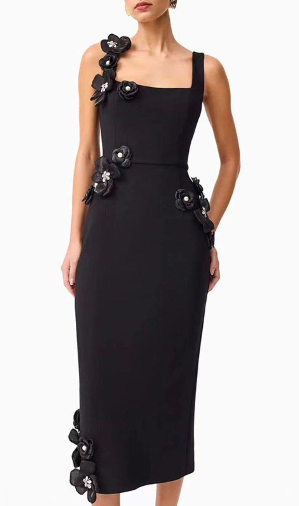 Harper Black Flower Embellished Midi Dress