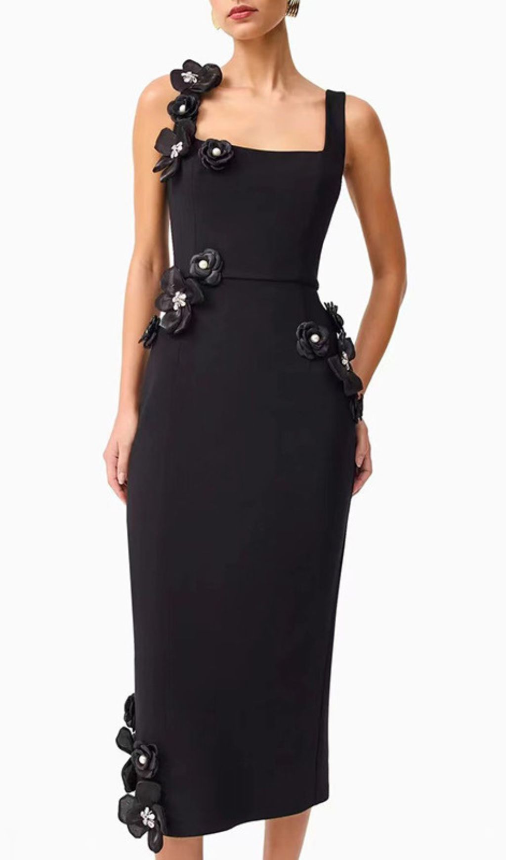 Harper Black Flower Embellished Midi Dress