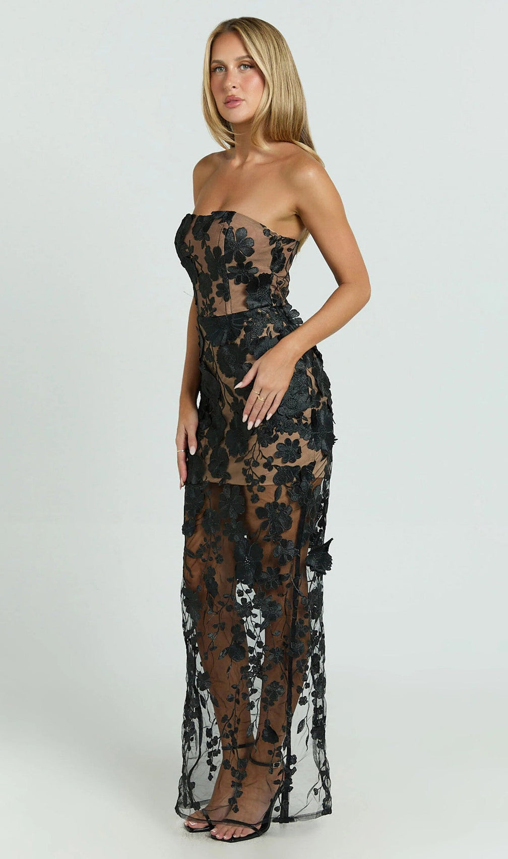 Strapless 3D Floral Mesh Maxi Dress