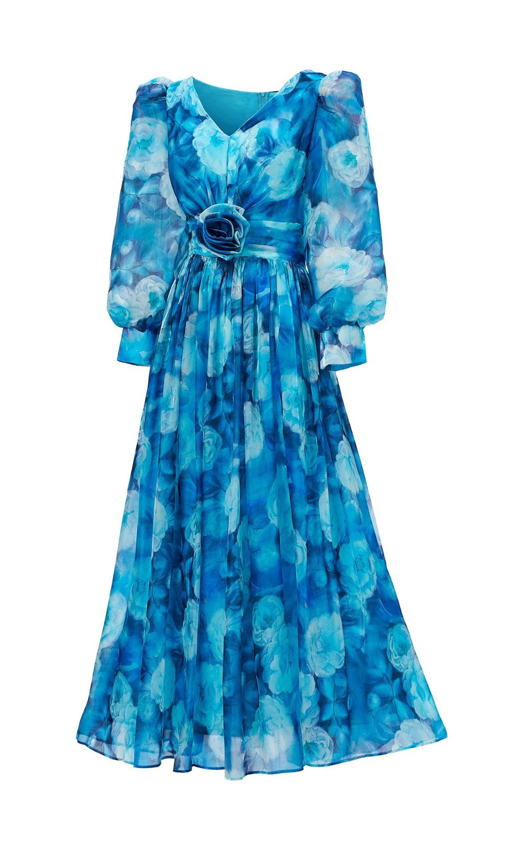 Feray Blue Floral Printed Long Sleeve Maxi Dress