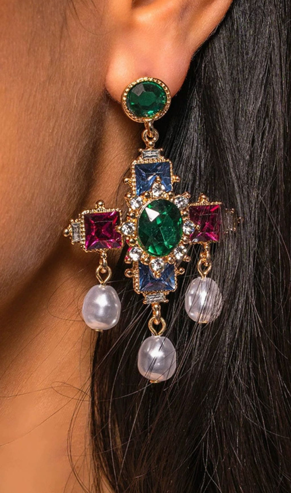 Opulent Kairos Gemstone & Pearl Cross Dangle Earrings | Statement Luxury Fashion