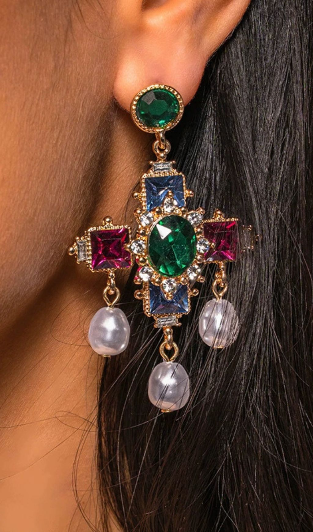 Opulent Kairos Gemstone & Pearl Cross Dangle Earrings | Statement Luxury Fashion