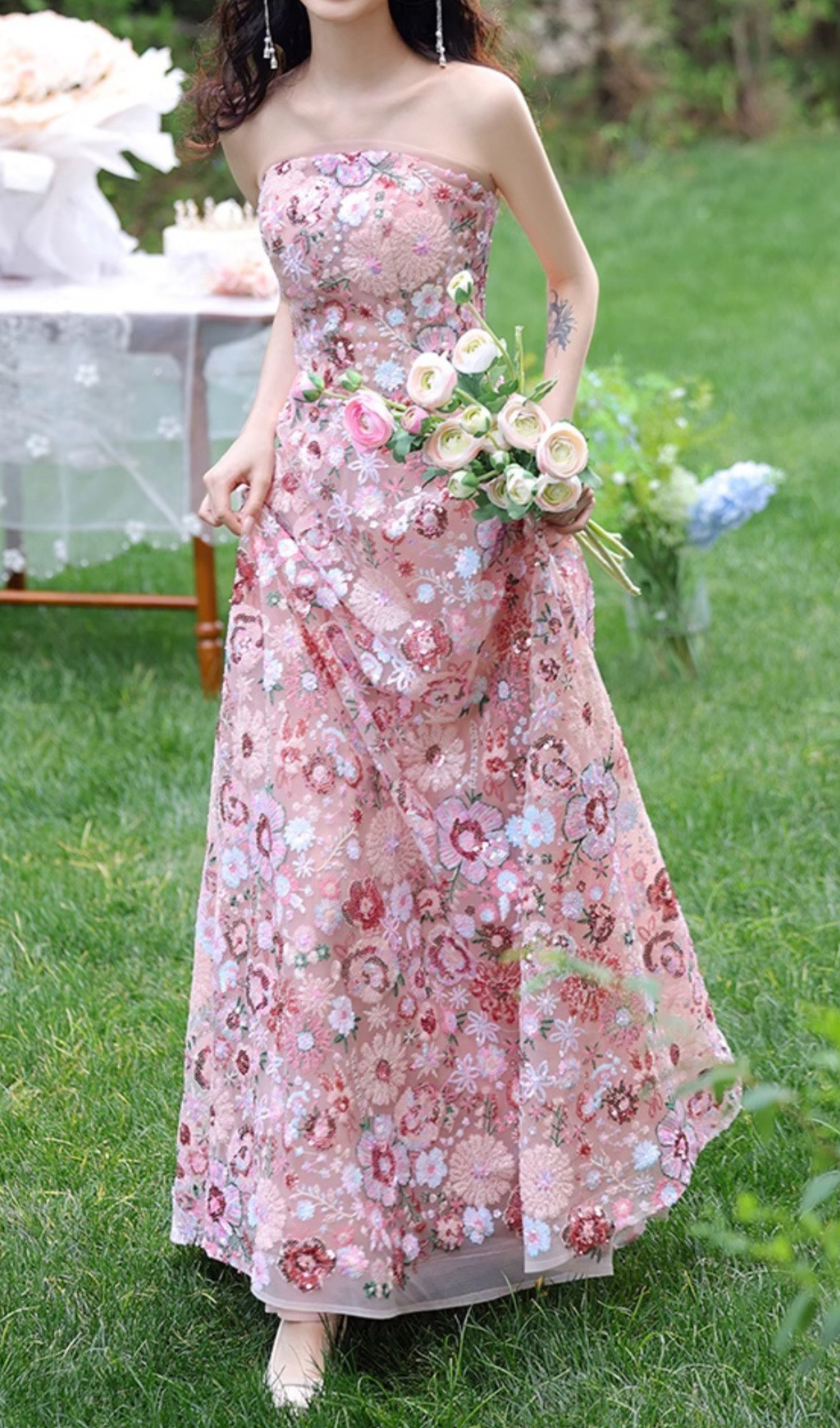Geovany Pink Strapless Flower Sequin Maxi Dress
