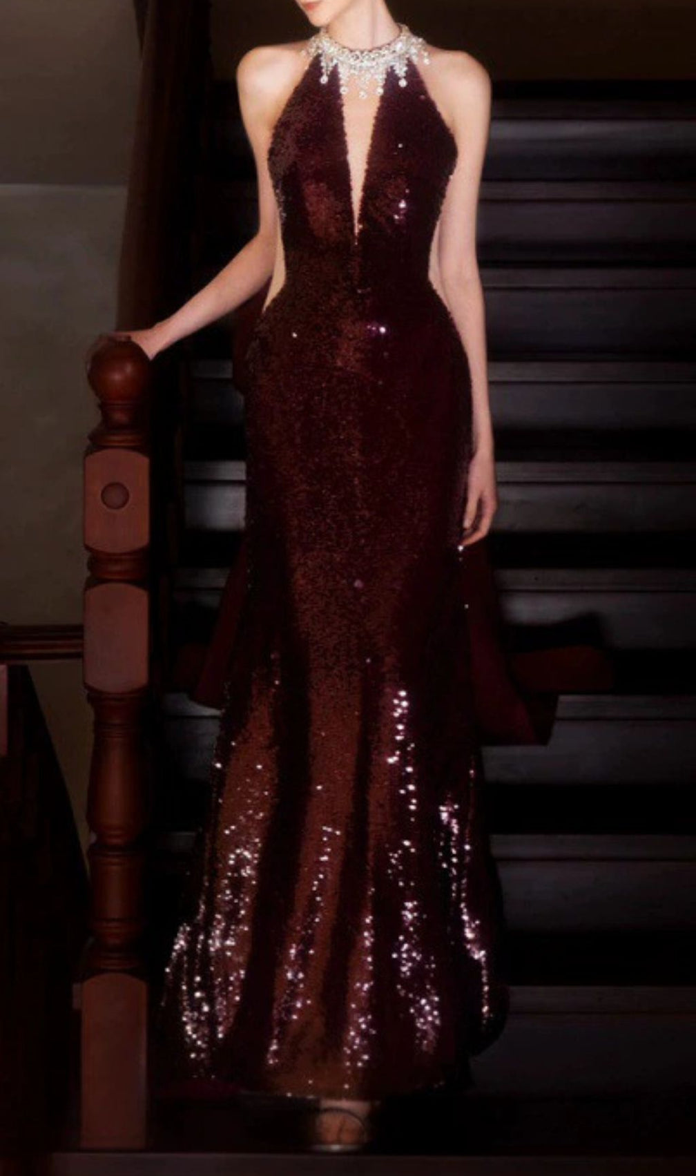 Inocencia Wine Red Sequin Halter Maxi Gown with Statement Bow