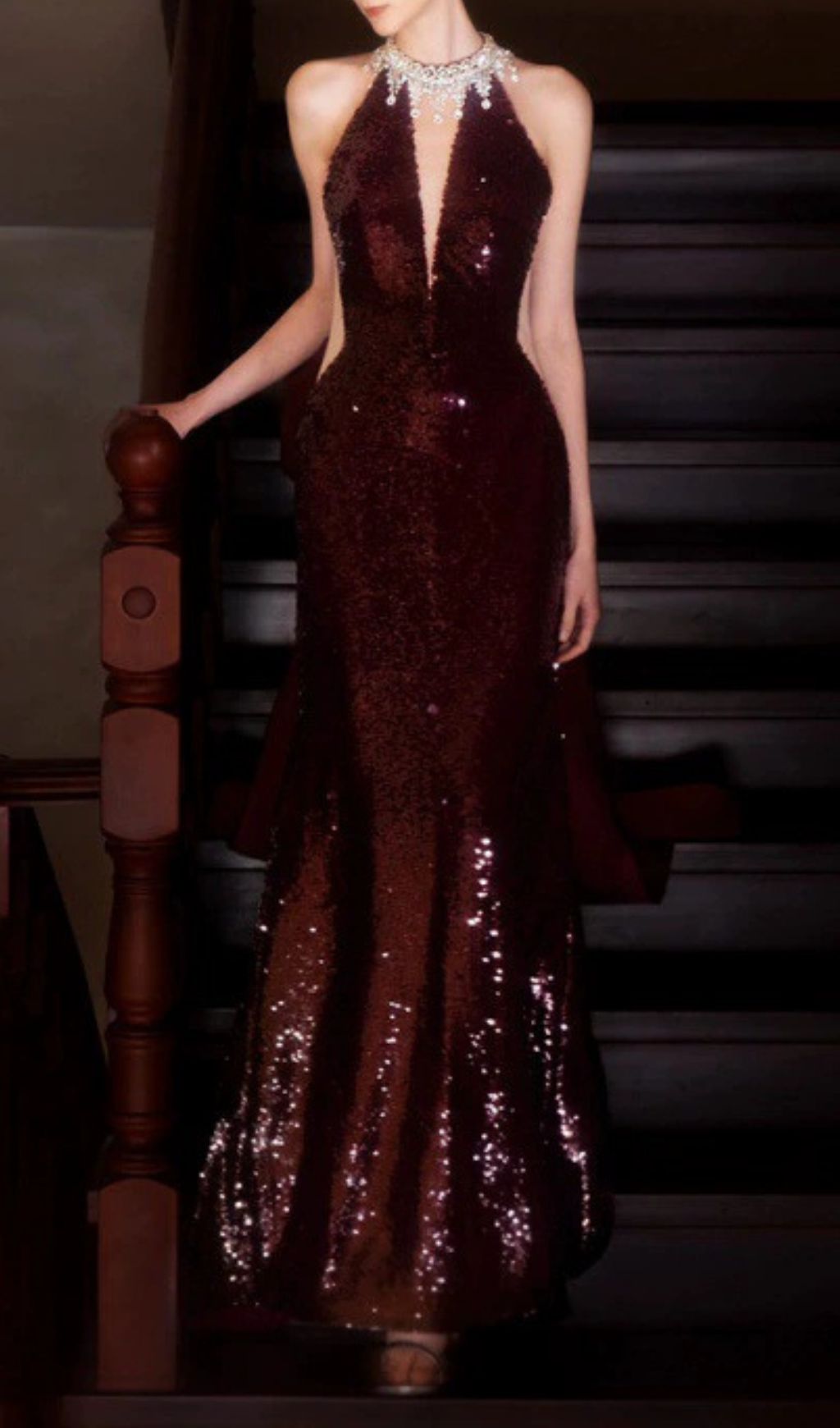 Inocencia Wine Red Sequin Halter Maxi Gown with Statement Bow