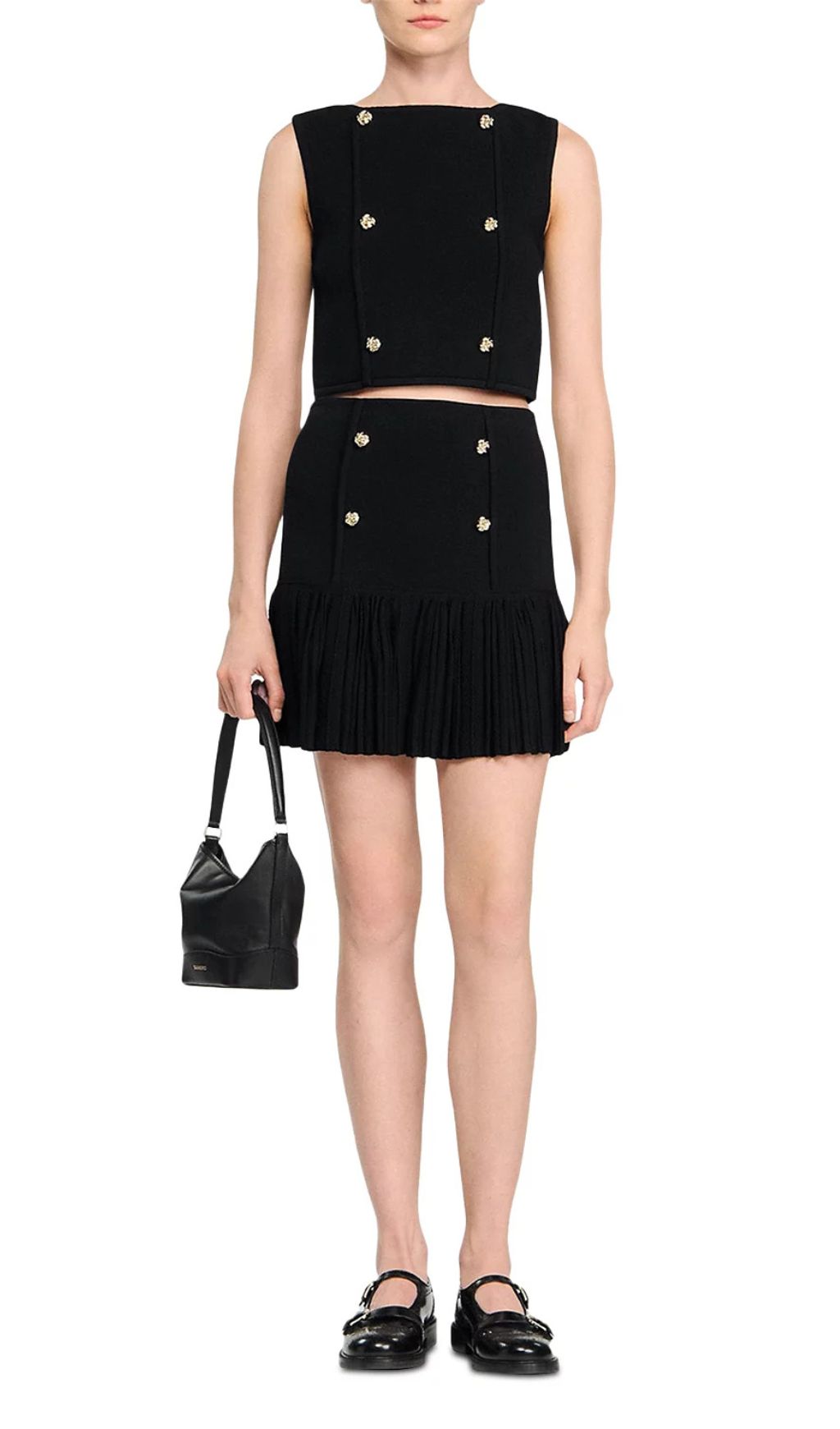 Chic Black Double-Breasted Crop Top with Gold Buttons