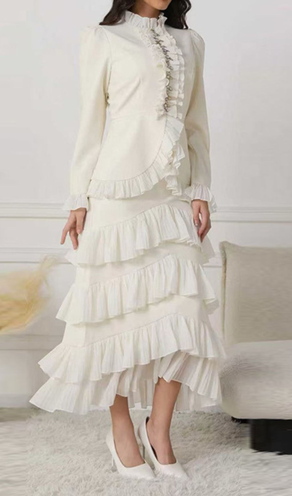 Ignace Elegant Ruffle Two-Piece Set - Long Sleeve Top & Tiered Maxi Skirt