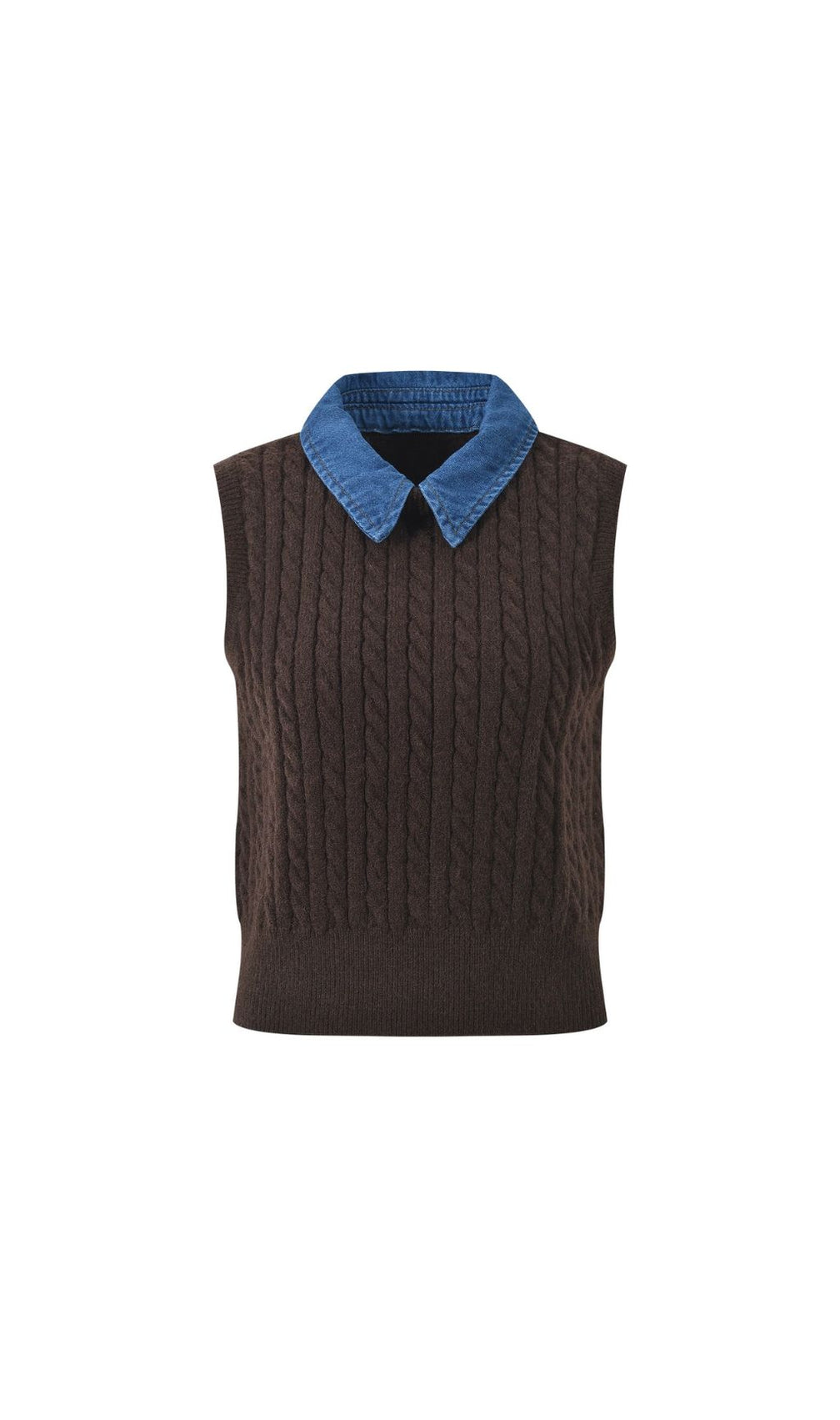 Chic Denim Collar Cable Knit Sleeveless Sweater Vest for Women