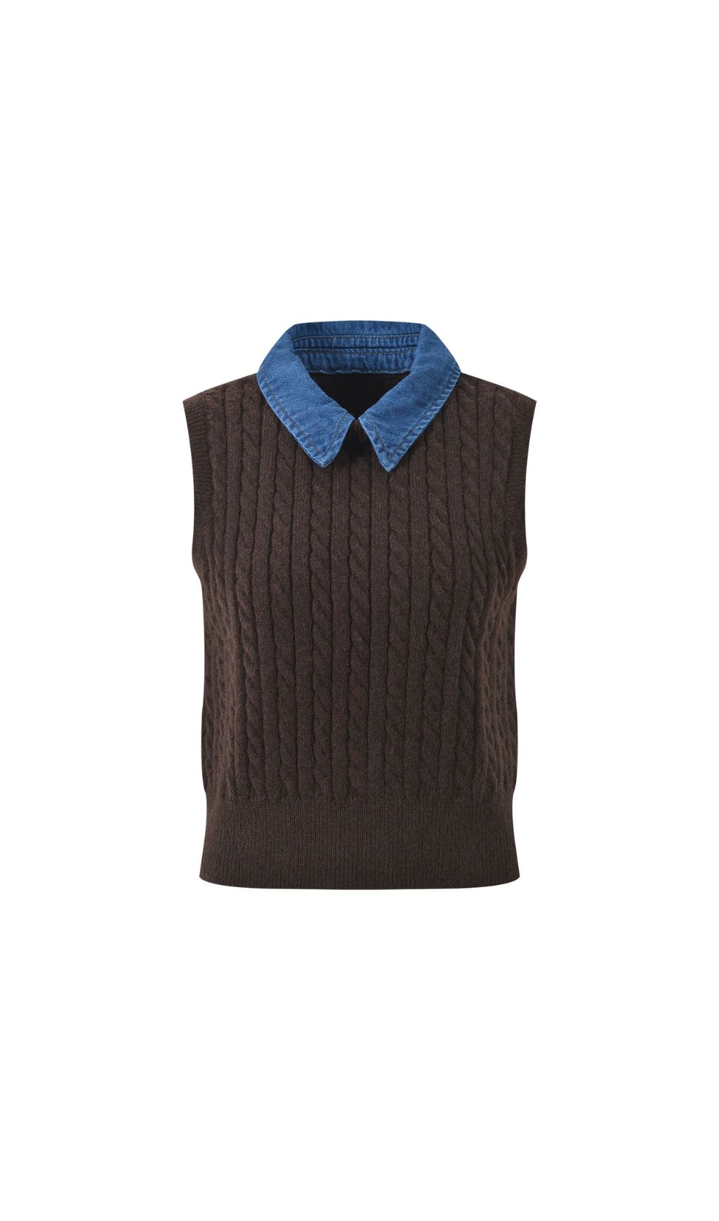 Chic Denim Collar Cable Knit Sleeveless Sweater Vest for Women