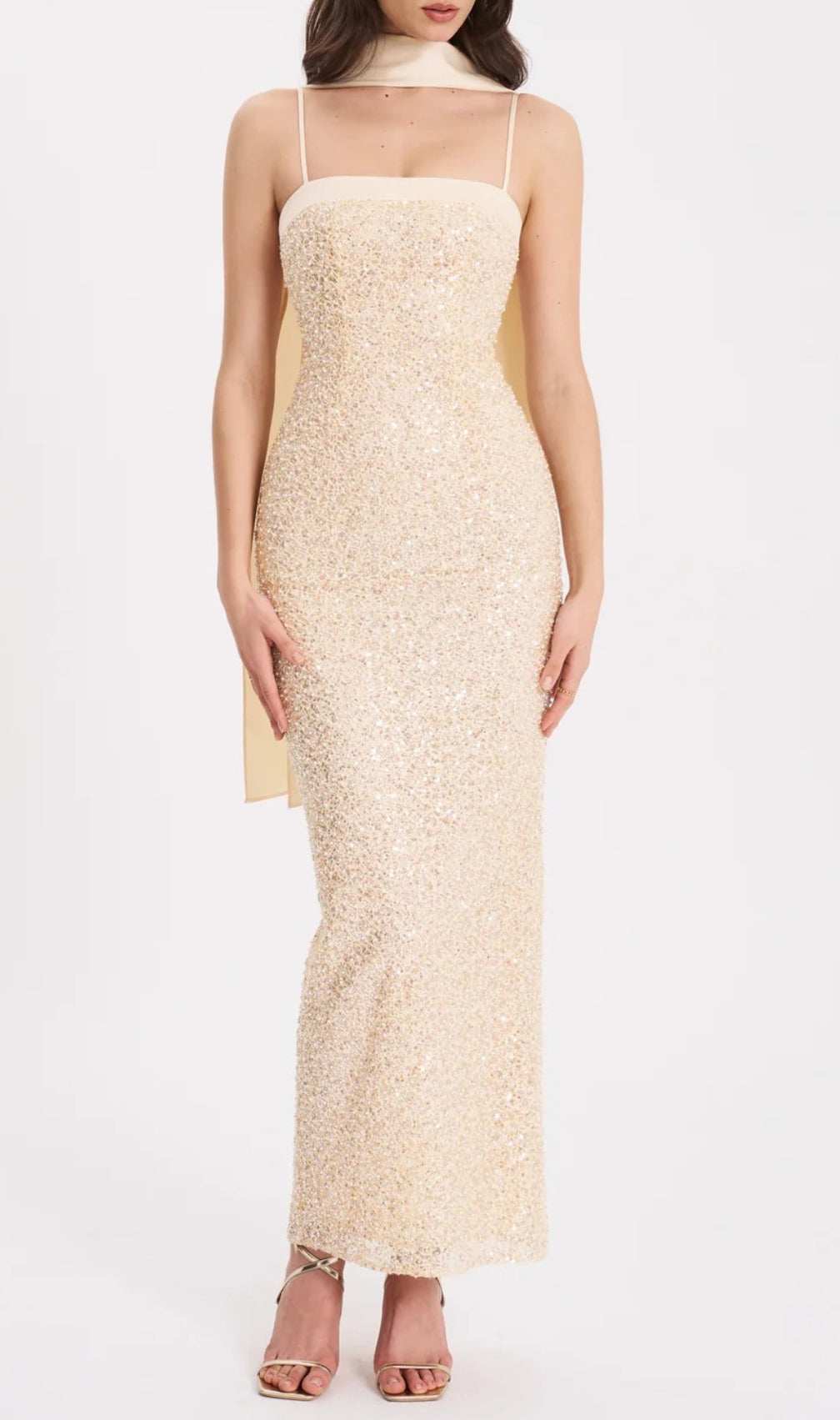 Raizel Gold Beaded Sequin Bodycon Gown with Scarf