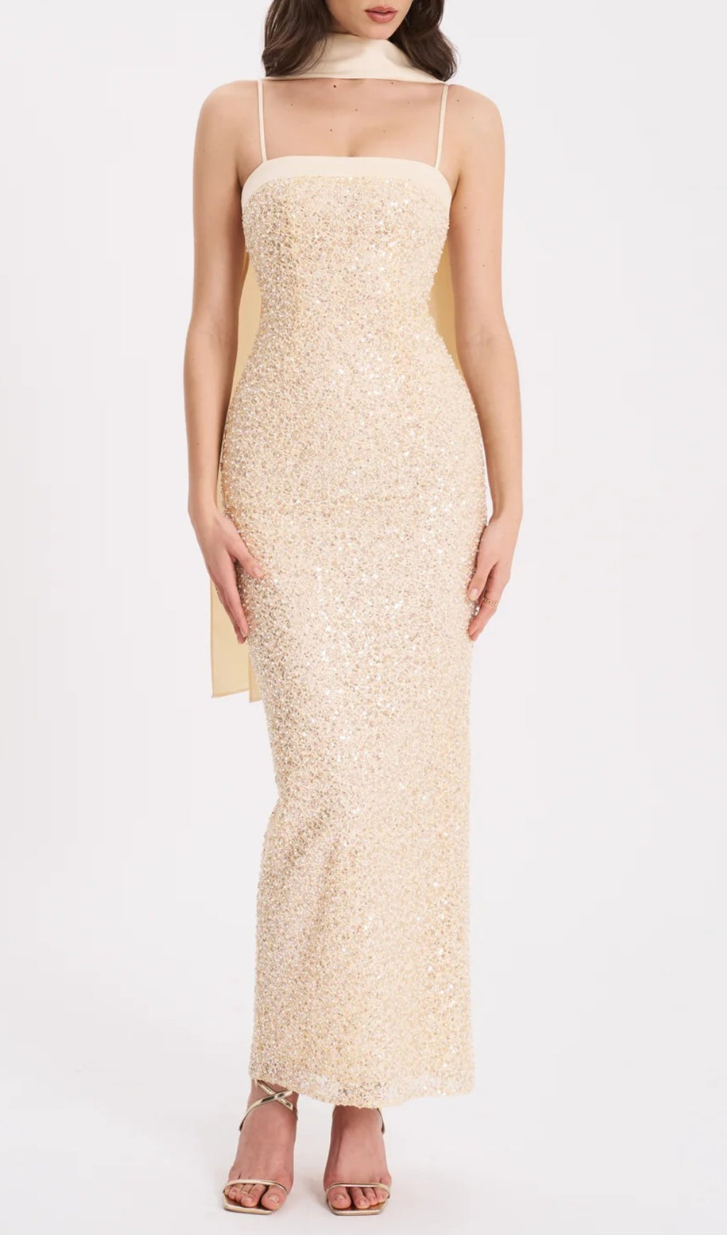 Raizel Gold Beaded Sequin Bodycon Gown with Scarf