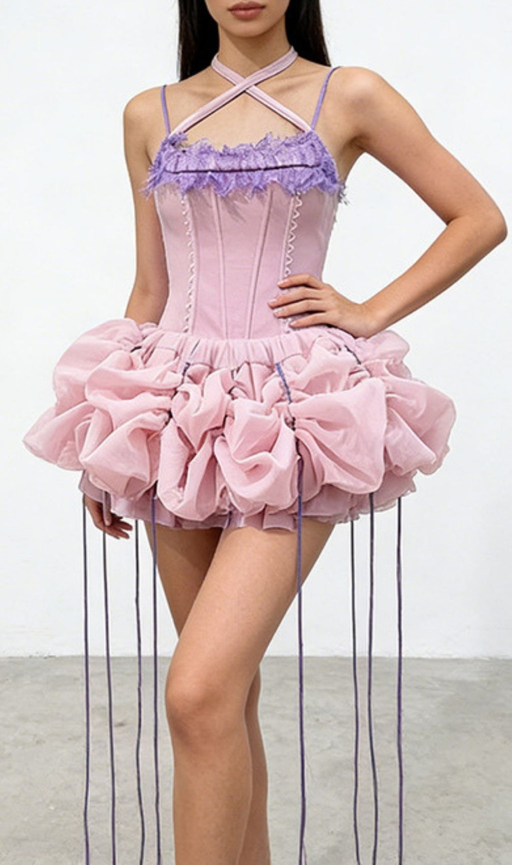 Sculptural Blush Pink Corset Mini Dress | Ruffled Party Gown
