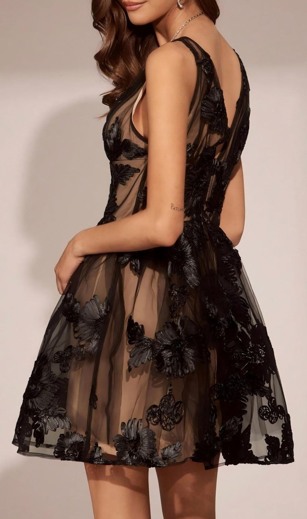 Lamaria Black Sleeveless Flower Mesh Mini Dress
