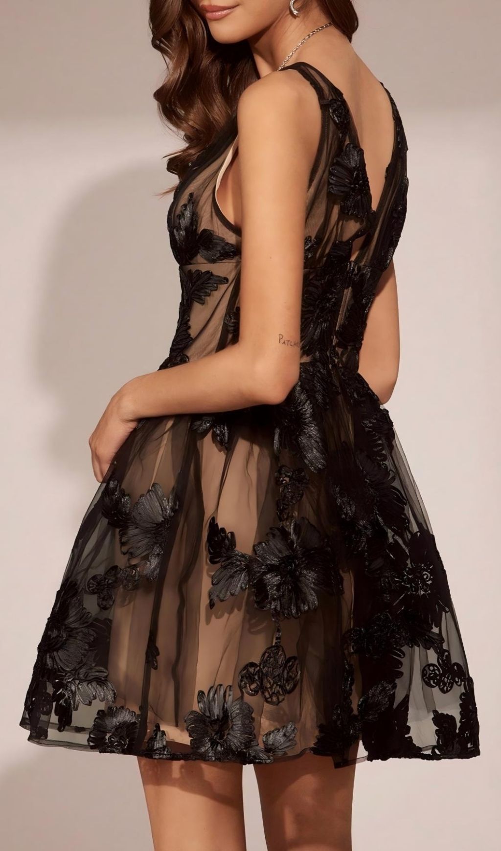 Lamaria Black Sleeveless Flower Mesh Mini Dress