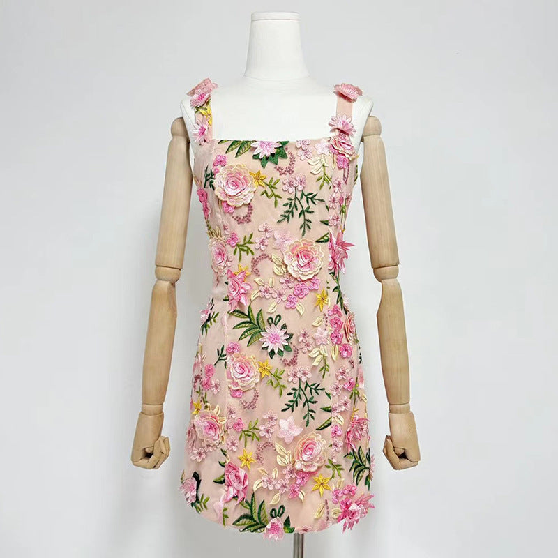 Fyodor Strappy Flower Embroidery Mini Dress