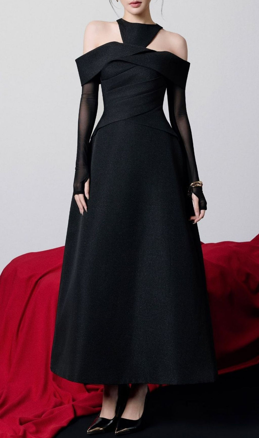 Kesha Black Off-Shoulder Maxi Gown with Sheer Sleeves | Elegant Evening Dress