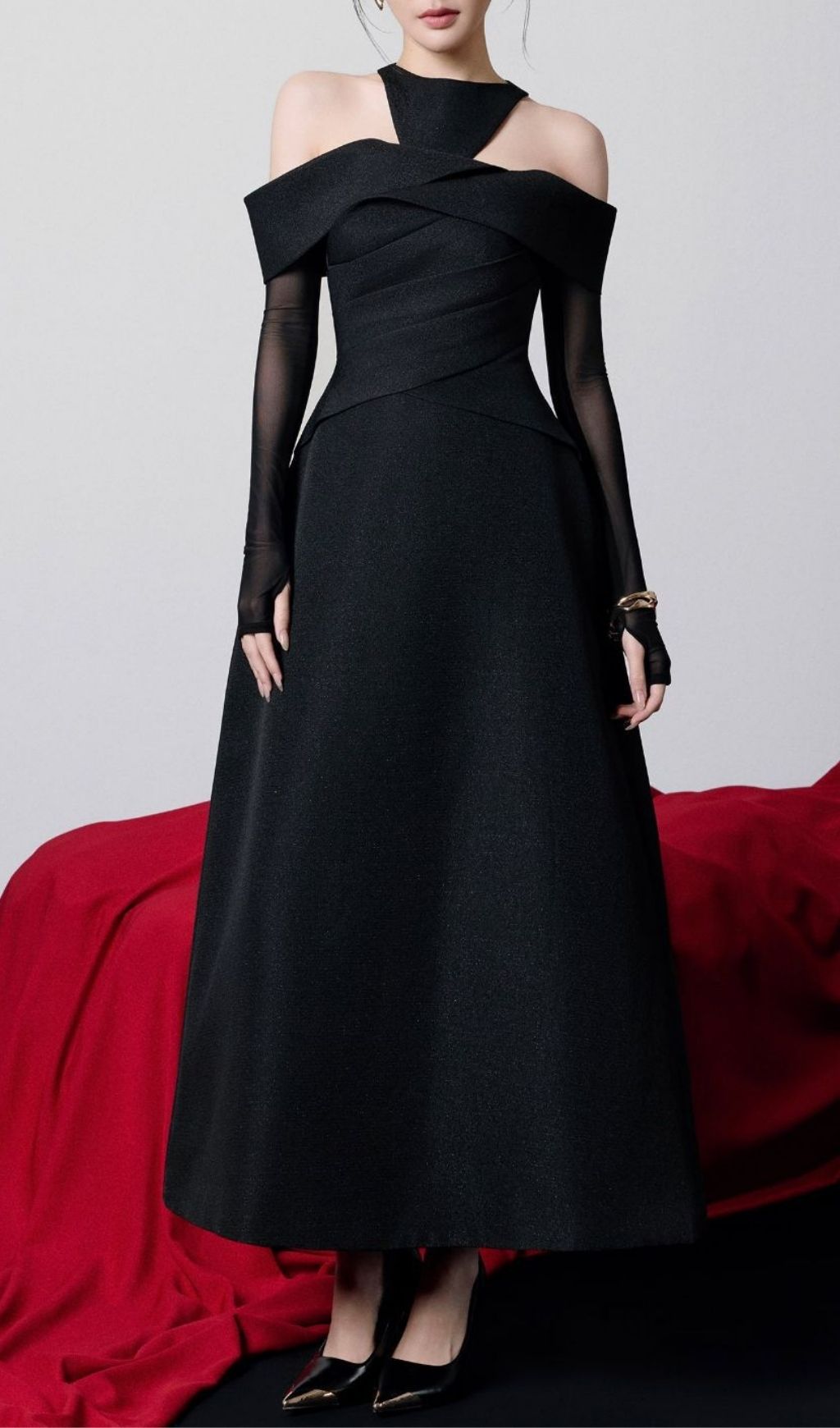 Kesha Black Off-Shoulder Maxi Gown with Sheer Sleeves | Elegant Evening Dress