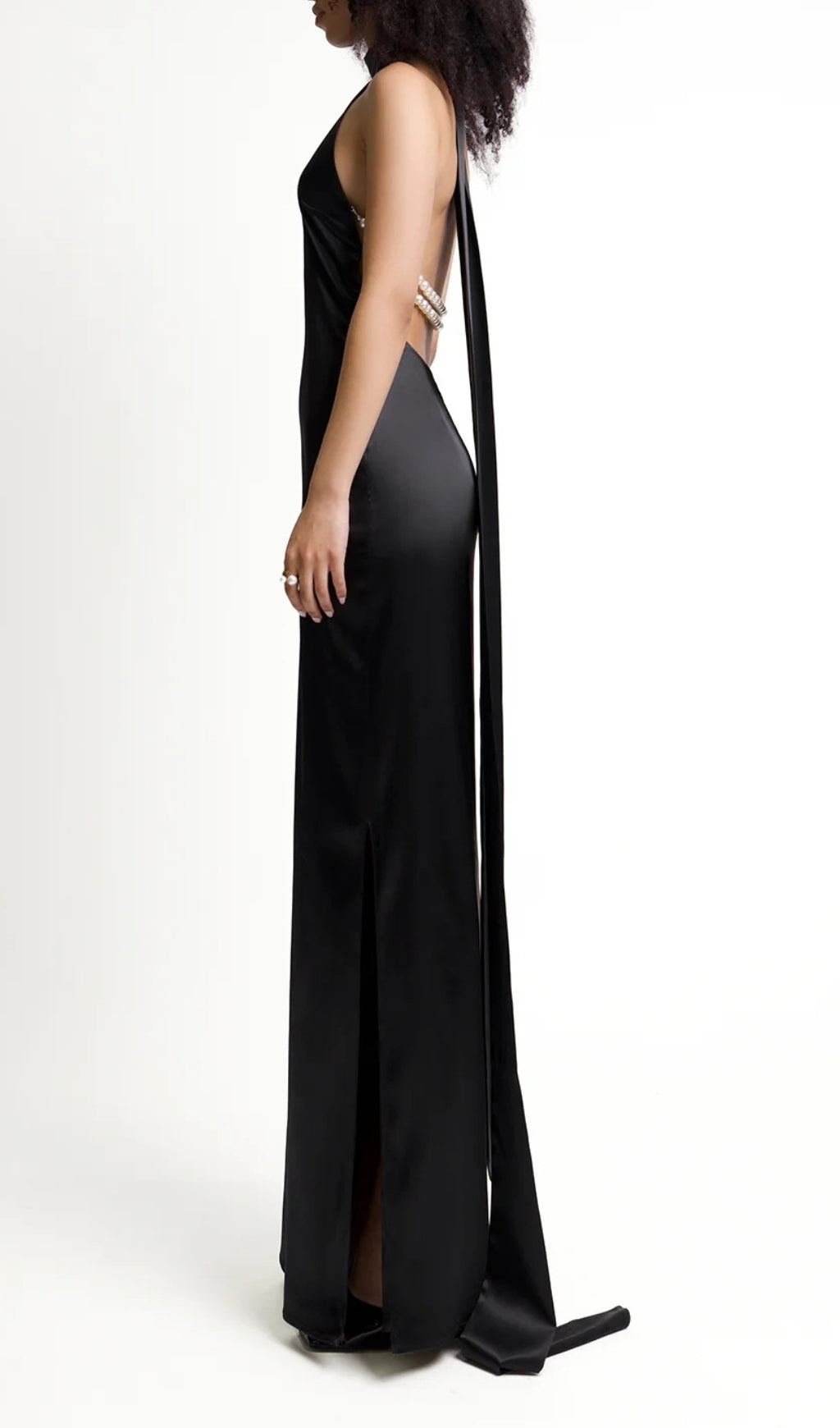 Birger Black Halter Pearl Backless Maxi Dress