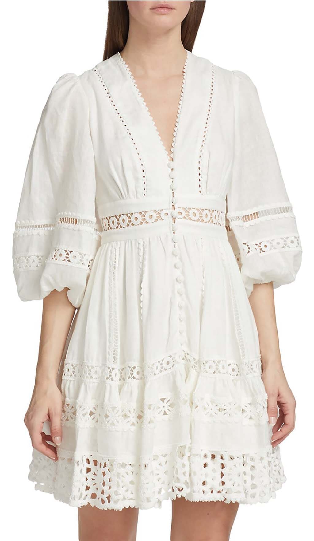 V-Neck Botton Midi Dress In White