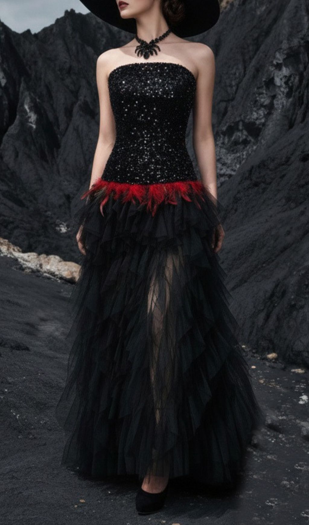 Jainna Black Sequin & Red Feather Strapless Mesh Maxi Gown - Evening Glamour