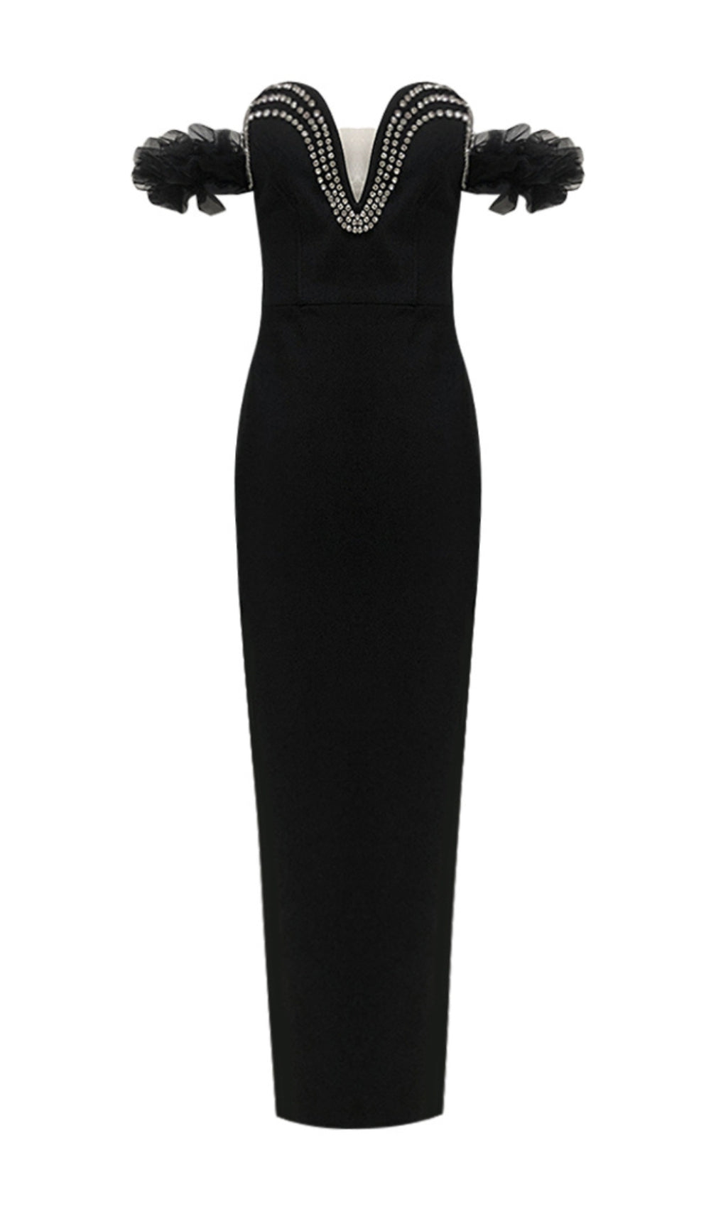 Cilicia Black Ruffle Crystal Maxi Bandage Dress