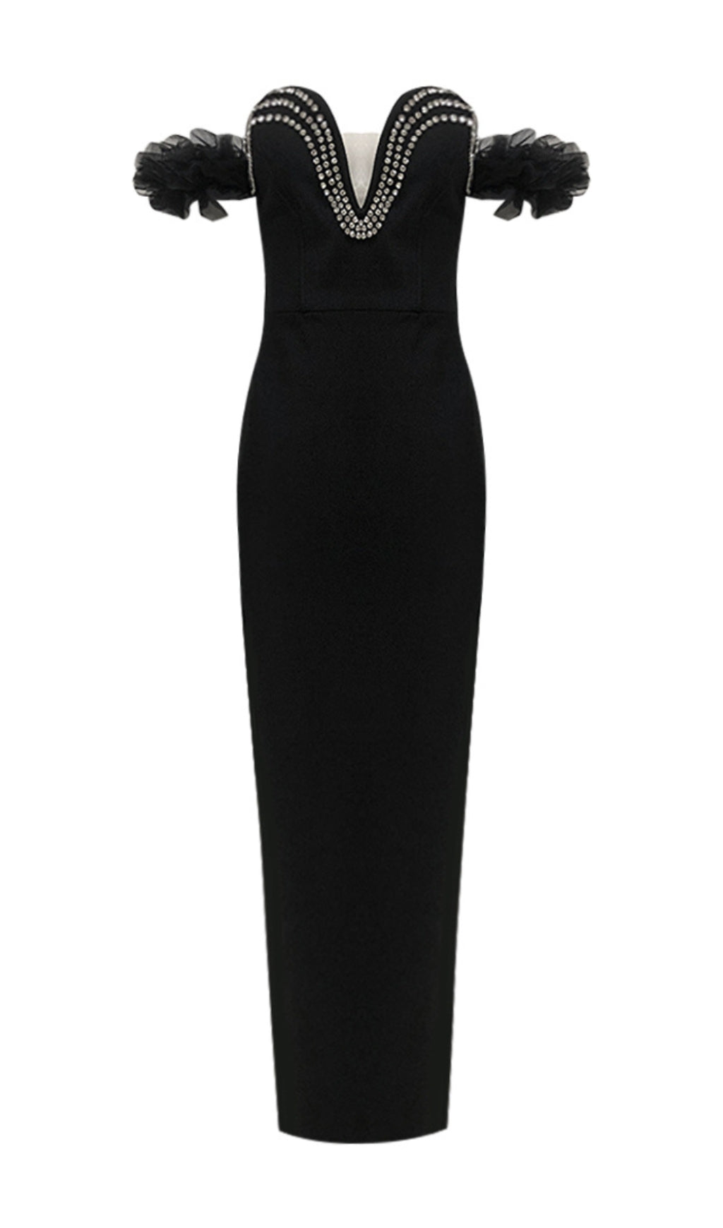 Cilicia Black Ruffle Crystal Maxi Bandage Dress
