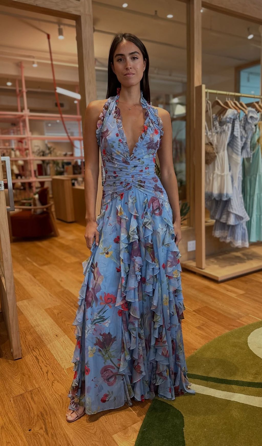 Delicah Blue Halter Floral Ruffle Maxi Dress
