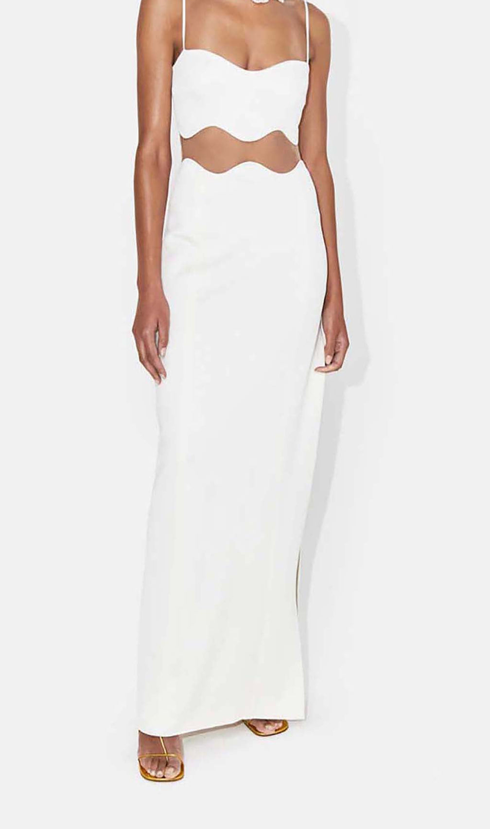 Scalloped Mesh Insert Maxi Dress In White