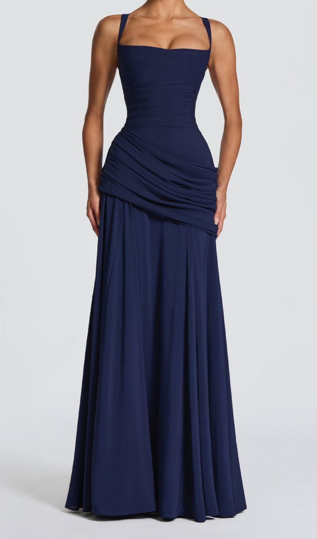 Kellie Navy Strappy Ruched Maxi Gown - Elegant & Figure-Flattering Evening Dress