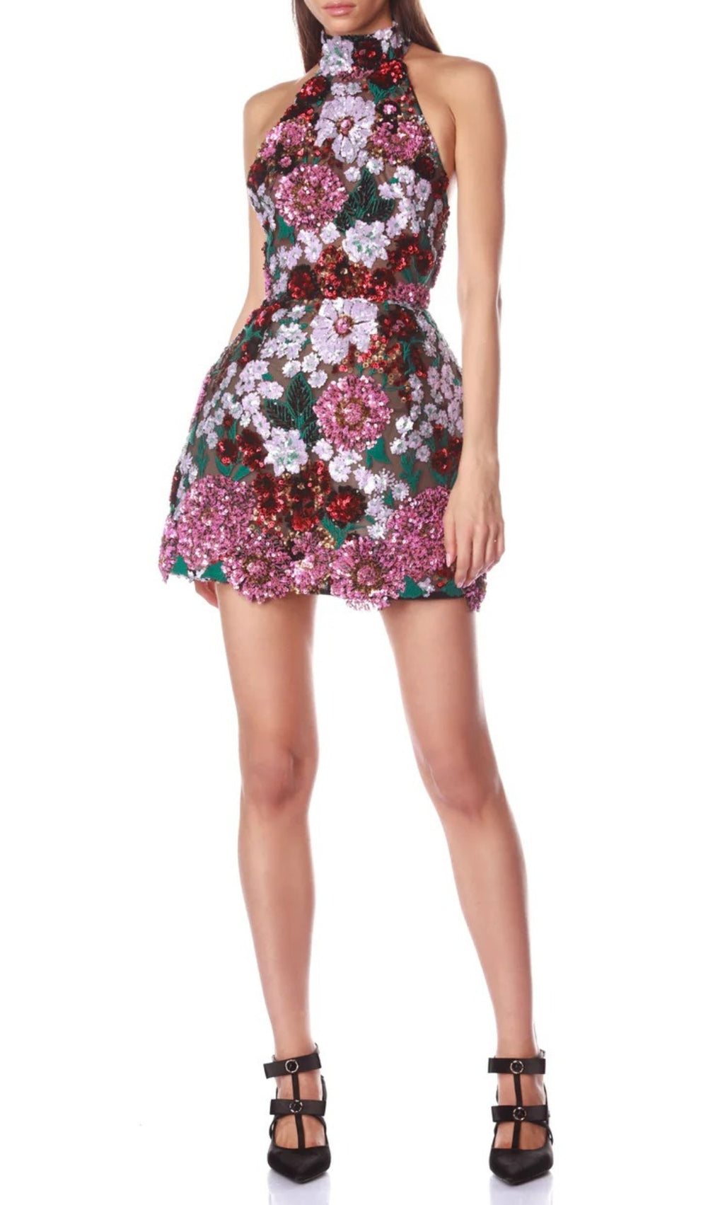Giulia Halter Flower Sequin Mini Dress