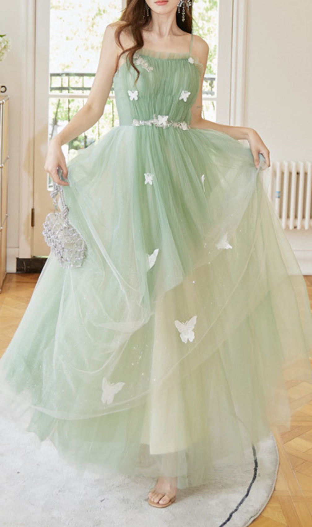 Freira Green Strappy Butterfly Mesh Maxi Dress