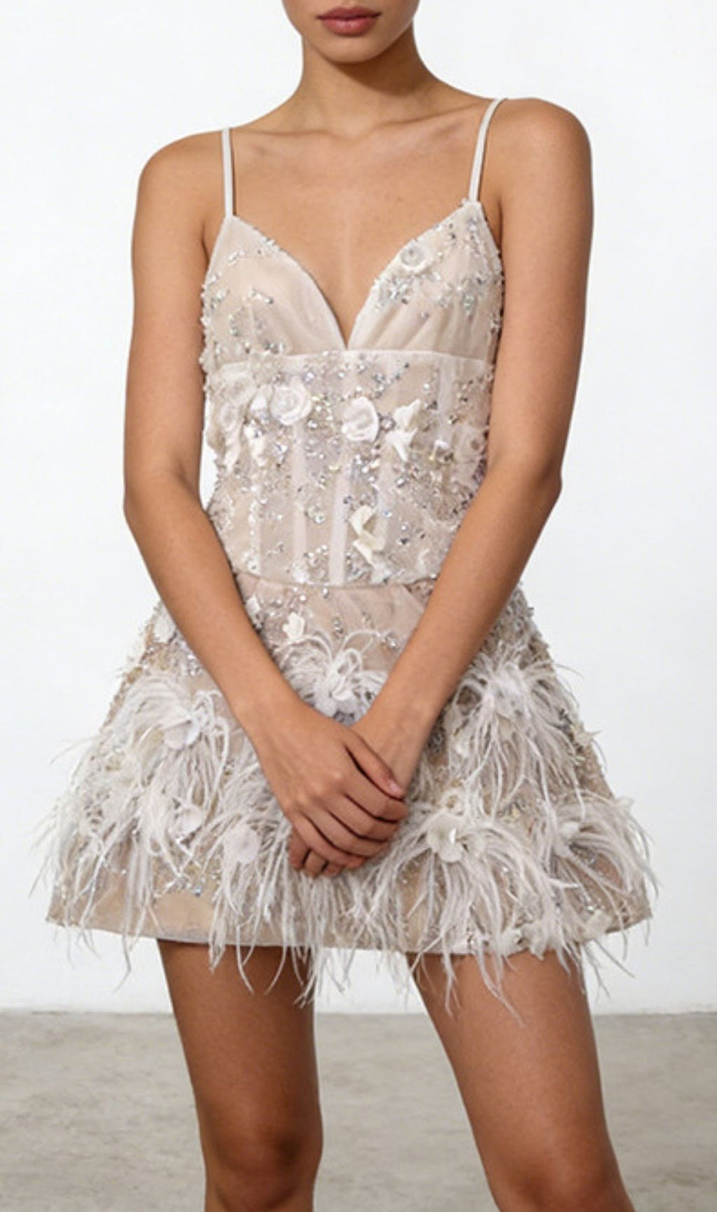 Kenza Sparkle & Feather Mini Dress - Glamorous Strappy Embellished Cocktail Dress