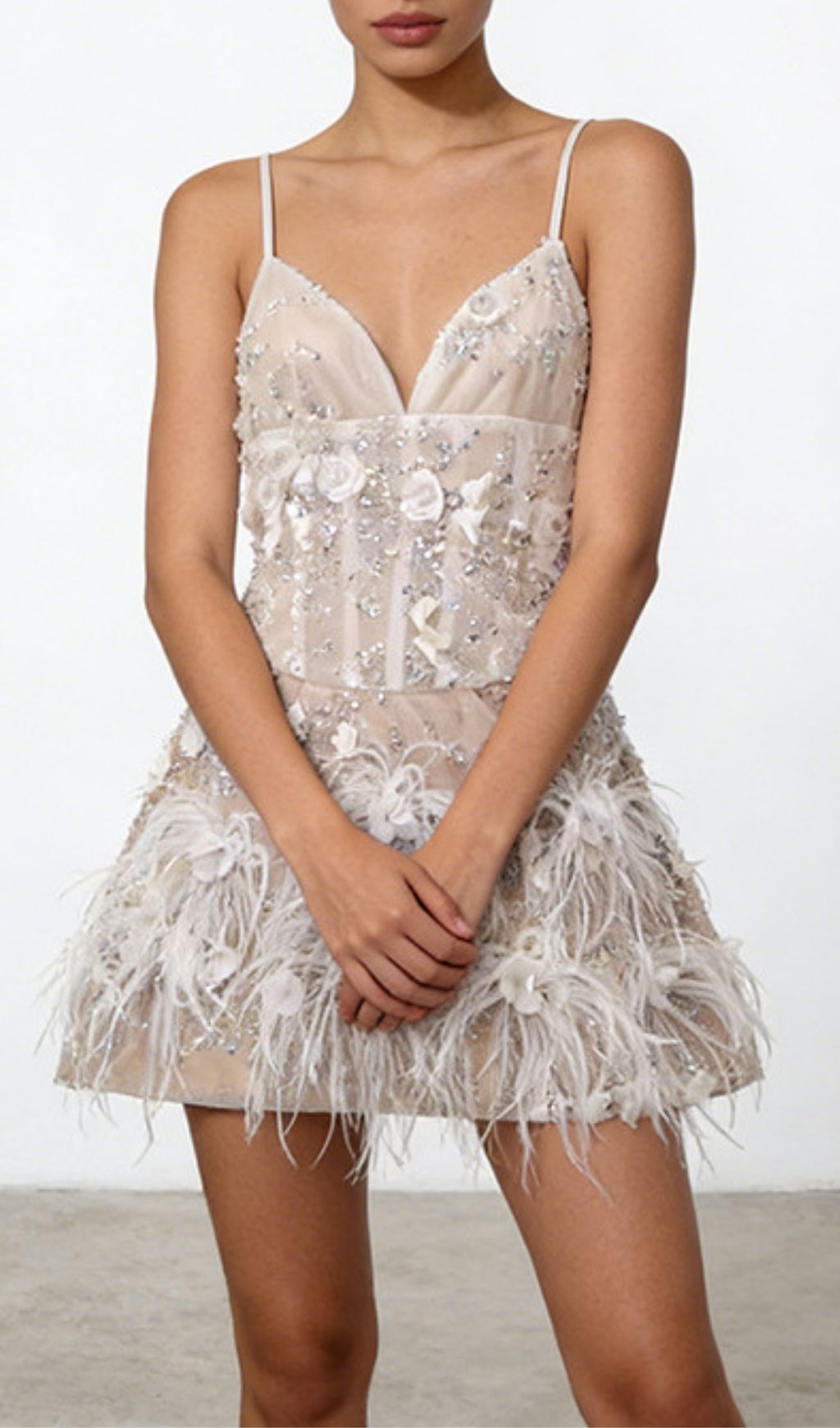 Kenza Sparkle & Feather Mini Dress - Glamorous Strappy Embellished Cocktail Dress